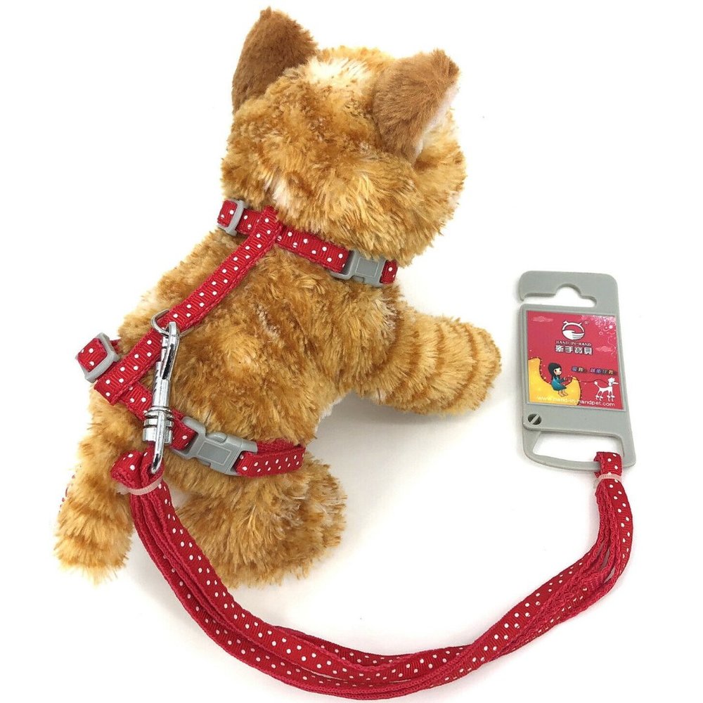 NEW Cat Small Pet Leash & Harness Adjustable Safety Walking Lead Red Polka Dot